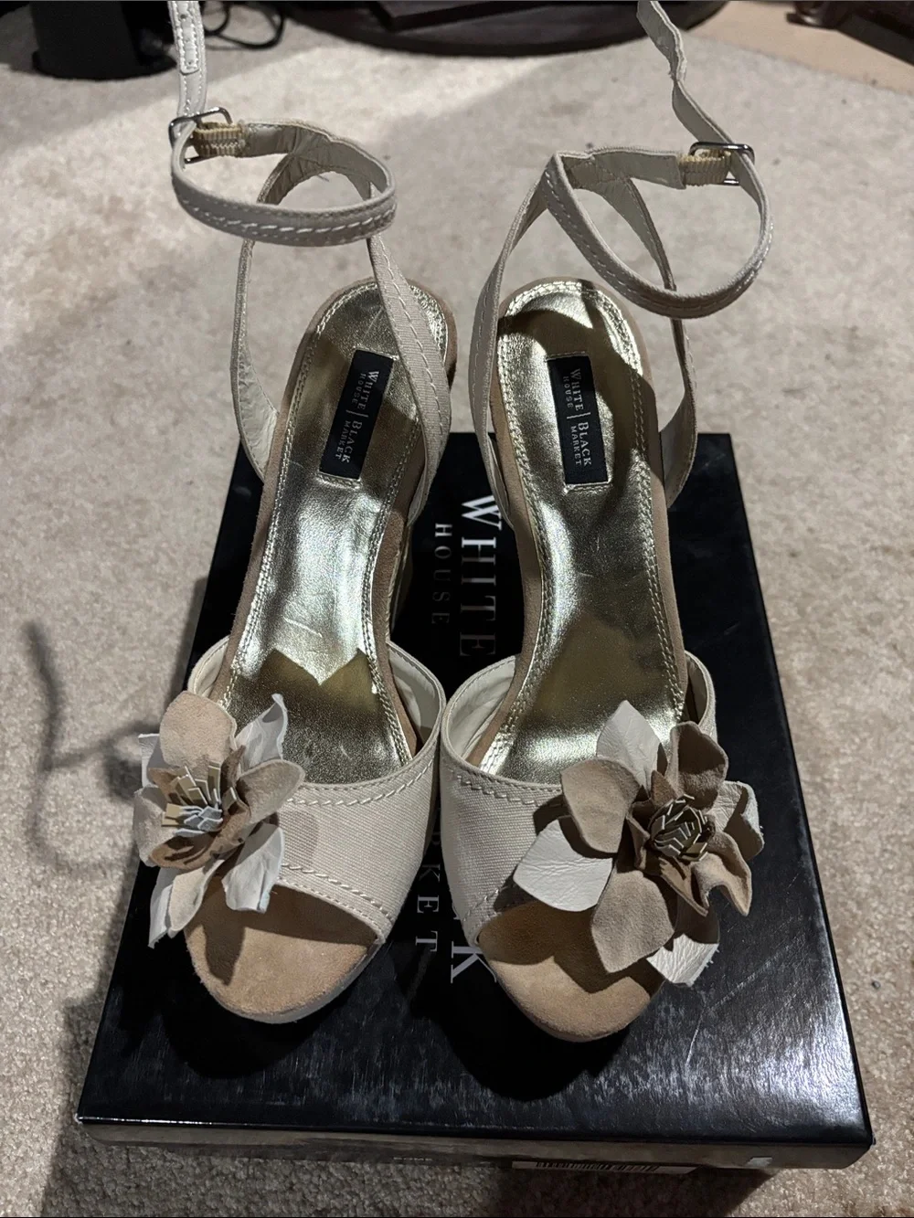 White House Black Market Cream and Tan Floral Ankle-Strap Platform Heels